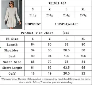 Size chart detail for women A-line dress showing length, bust, waist, and sleeve measurements