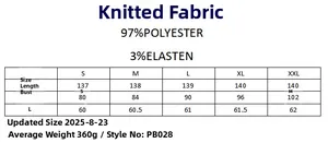 Size chart for elegant long-sleeve knit dress with fabric composition and measurements