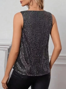 Detailed back view of a black sequin sleeveless top featuring vertical shimmering rows