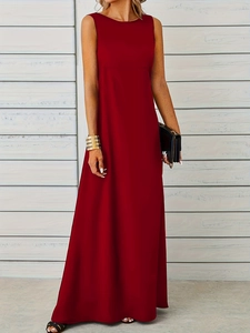 Detail of wine red sleeveless maxi dress showing elegant drape and full-length silhouette