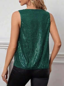 Detailed back view of a dark green sleeveless sequin top for parties and social events