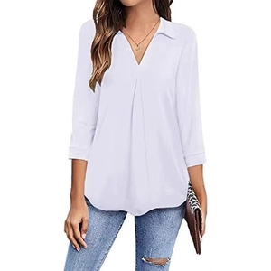 Women's white V-neck chiffon blouse with pleated front and elegant long sleeves