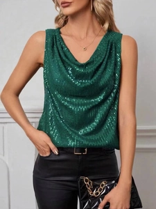 Sexy V-neck dark green sequin sleeveless top featuring a stylish draped cowl neckline
