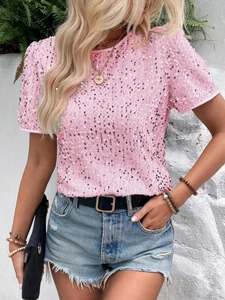 Women Sequin Short Sleeve T-Shirt Sparkly Round Neck Loose Party Shiny Fashion Summer Top Glamorous Casual Glitter Blouse