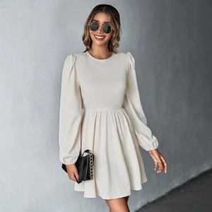 Detailed view of puff sleeves and pleated waist on a sweet A-line long sleeve dress
