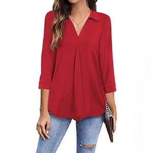Women's V-neck collared red casual blouse with stylish center pleat and long sleeves