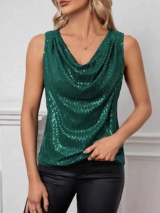 Sparkling emerald green sequin sleeveless top with a stylish draped cowl neck design