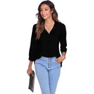 Women's black V-neck chiffon blouse with casual roll-up sleeves and loose fit style