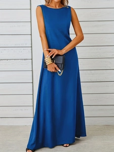 Detail view of smooth dark blue sleeveless maxi dress in elegant satin-like fabric