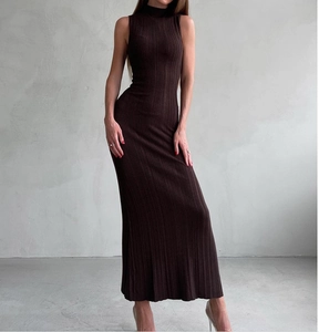 Detailed texture of dark brown ribbed knit sleeveless bodycon midi dress with high neck
