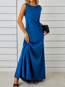 Detail of elegant royal blue sleeveless maxi dress with silky satin fabric texture