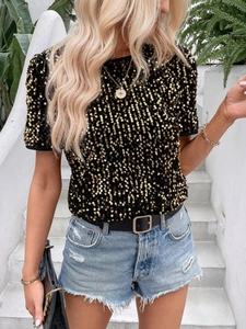Women's loose casual short sleeve t-shirt with sparkling gold sequins and round neck