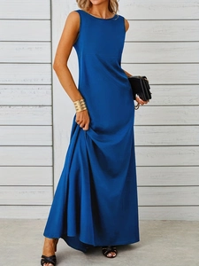 Detail of royal blue sleeveless satin maxi dress with sleek round neck and elegant drape