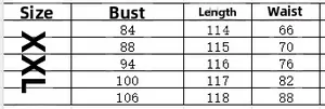 Size chart for women's elegant long sleeve dress with bust, length, and waist measurements