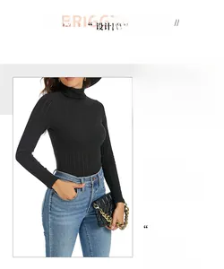 Detail view of high neck rib-knit long sleeve top with sleek slim fit design