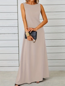 Detail of light khaki sleeveless maxi dress with elegant drape and minimalist round neck