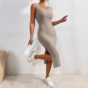 Women Ribbed Knit Sleeveless Midi Dress Round Neck Side Slit Slim Fit Elegant Bodycon Casual Stretchy Tank Dress For Commute
