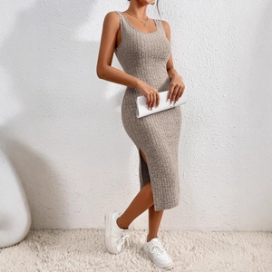 French square neck rib knit sleeveless midi dress with side slit in oatmeal color