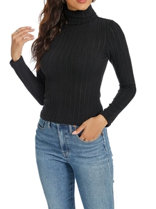 Close-up of black turtleneck knit top showing detailed vertical rib-knit texture