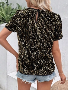 Close-up of back keyhole design and shimmering sequins on a black short sleeve top