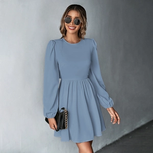 Chic light blue A-line dress with puff long sleeves and pleated waist for casual style