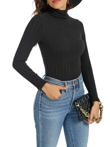 Detailed close-up of black ribbed turtleneck sweater with soft knit texture for women
