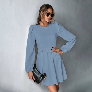 Detail of light blue puff sleeves and waisted A-line cut on a long-sleeved dress
