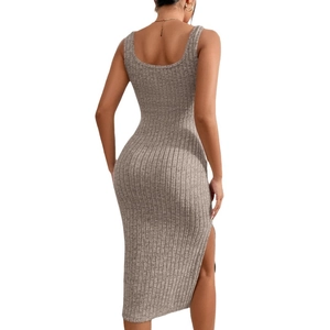 Sleeveless square neck ribbed knit midi dress with side slit in grey back view