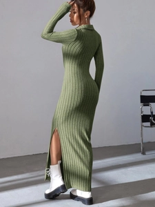 Detailed view of grass green ribbed knit midi dress with side slit and turn-down collar
