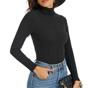 Women Casual Ribbed Knit Turtleneck Slim Fit Long Sleeve T-Shirt Basic Solid Color Soft Breathable Base Layer Top