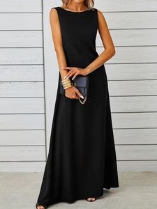 Elegant sleeveless black maxi dress with flared A-line skirt and slim fit for women