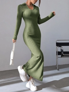 Detail of olive green knit dress with ribbed texture and polo collar for women