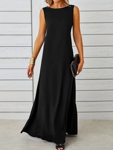Elegant black sleeveless maxi dress with a slim fit and flowing high-stretch skirt silhouette