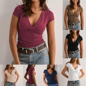 T-Shirt Femme Y2K Sexy Col en V Cache-cœur Manches Courtes Coupe Ajustée Couleur Unie Crop Top Été Casual Streetwear
