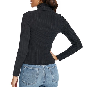 Slim fit black turtleneck long sleeve ribbed knit sweater for women back view