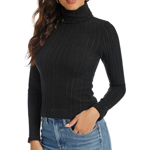 Slim fit black turtleneck ribbed knit long sleeve sweater for women, elegant style
