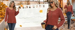 Dettaglio maglione in maglia rosso ruggine con scollo Henley a bottoni e trama a coste