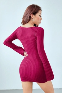 Close-up side view of sexy rose red ribbed knit long sleeve slim fit bodycon dress