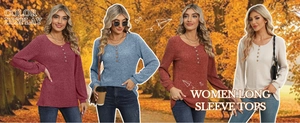 Dettaglio delle maglie a maniche lunghe da donna nei colori prugna, blu, rosso e beige