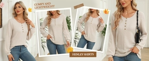 Dettaglio della maglia Henley beige a costine con bottoni in legno e trama del tessuto