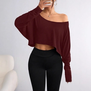 Deep red off-shoulder batwing sleeve cropped top with casual loose fit for women