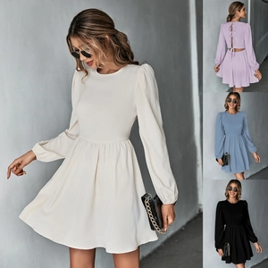 Women's Sweet Backless Puff Sleeve Mini Dress Elegant Solid Color Tie Back A-Line Party Dress Sexy Long Sleeve Round Neck Short Dress