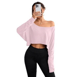 Slim fit light pink off-shoulder long sleeve cropped top for women in casual sports style