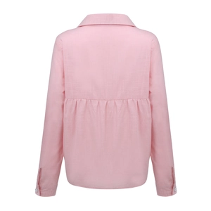 Detailed back view of pink long sleeve linen shirt showing pleated texture and white buttons