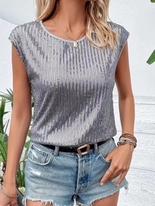 Top senza maniche da donna con paillettes argento, scollo rotondo e vestibilità ampia alla moda