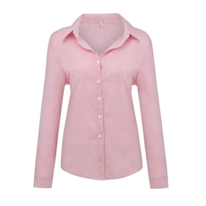 Detail view of pink long sleeve linen shirt with classic collar and white buttons