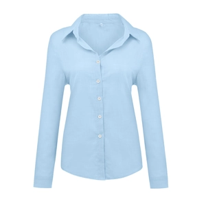 Detailed close-up of light blue linen shirt collar and buttons with size M label