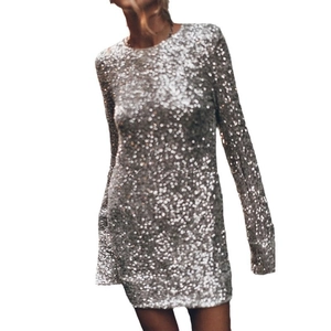 Chic silver sequin long sleeve mini dress for party and evening events with slim fit