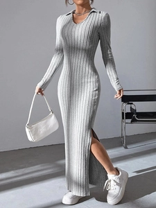 Elegant grey ribbed knit long sleeve maxi dress with lapel collar and high side slit detail