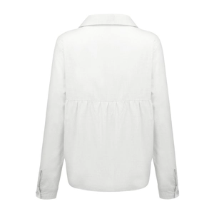 Detailed back view of a white linen shirt showing pleated yoke and texture